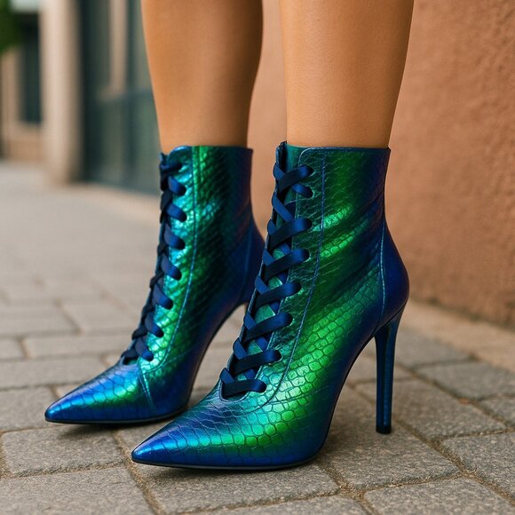 AMI CLUBWEAR | Blue Laced Green Scaled Heels - Picture 1 of 9